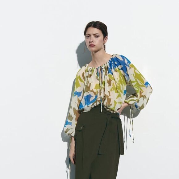 ZARA PRINTED VOLUMINOUS BLOUSE WITH DRAWSTRING MULTICOLORED - Picture 1 of 9